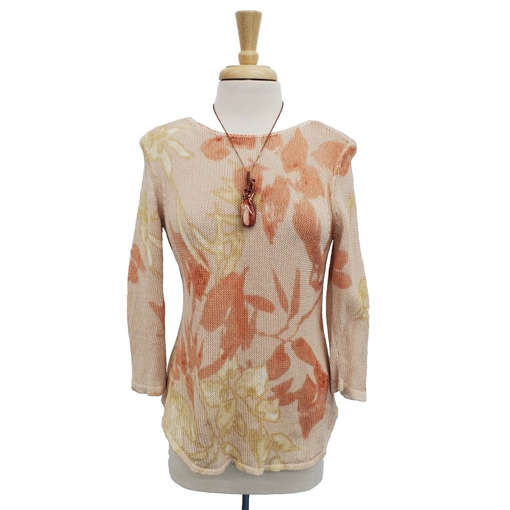 Chicos Womens M Beige Peach Floral Knit Linen Blend Sweater Lightweight Layering